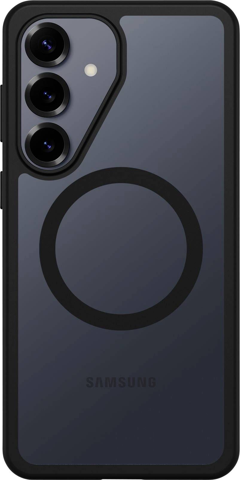Zadní pohled na pouzdro Samsung smartphone v tmavě šedé barvě s velkým kruhovým designem prstence a trojitým výřezem fotoaparátu v levém horním rohu.