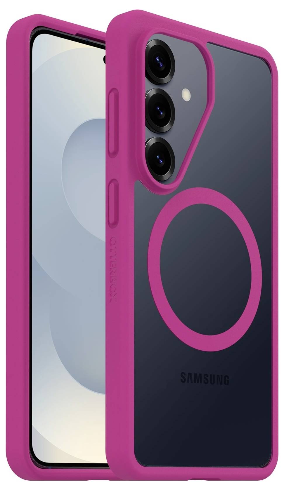 Růžové pouzdro na telefon Samsung s vestavěným stojanem na prsten, zobrazené na chytrém telefonu zepředu i zezadu.