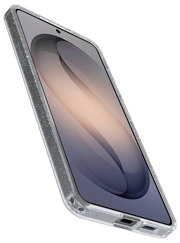 Smartphone v čirém ochranném pouzdru, zobrazen v úhlu se zapnutou obrazovkou na bílém pozadí.