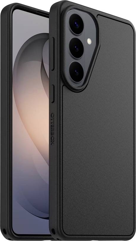 Černý ochranný obal na telefon zobrazený na dvou chytrých telefonech s texturovanou zadní stranou, zvýšeným výřezem pro fotoaparát a štíhlými bočními tlačítky.