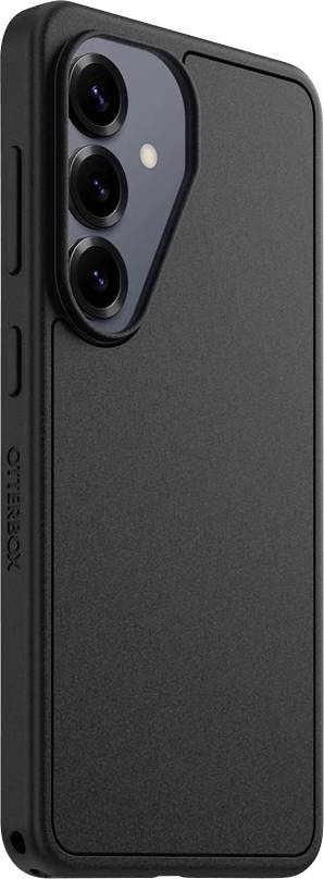 Černé pouzdro OtterBox na telefon zobrazené zezadu s vyvýšeným trojitým výřezem pro fotoaparát a postranními tlačítky pro ochranu.
