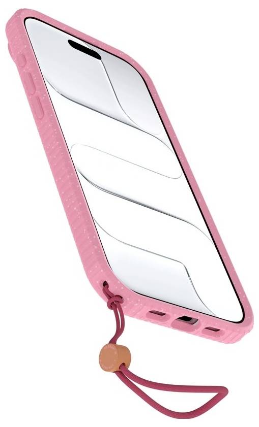 Růžový obal na smartphone s bílou přední stranou a červeným páskem na zápěstí připevněným ve spodní části.