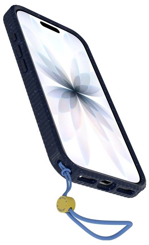 Smartphone v černém ochranném pouzdru, zobrazený v úhlu s modrým náramkem připevněným na spodní straně.