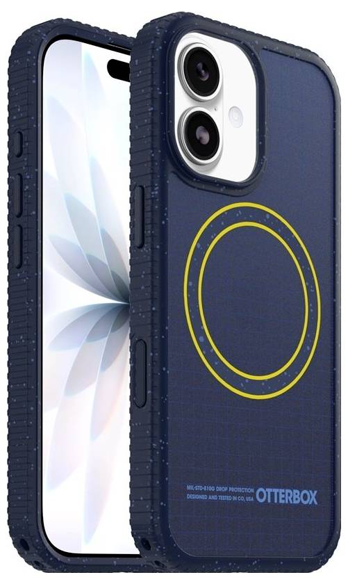 Modrý kryt OtterBox pro iPhone zobrazený zepředu a zezadu, s robustním nárazníkem a kruhovým kroužkem ve stylu MagSafe na zadní straně.