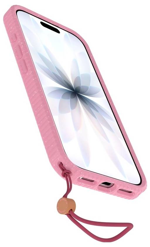Růžový kryt na chytré telefony se zabudovaným páskem na zápěstí, zobrazen na telefonu se zapnutou obrazovkou na bílém pozadí.