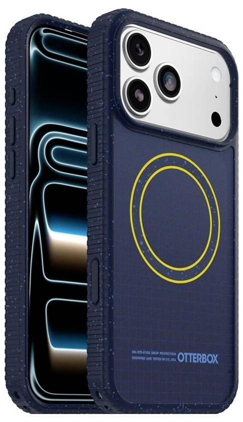 Jsou zobrazeny dva OtterBox pouzdra pro iPhone, včetně tmavomodrého pouzdra se žlutým MagSafe kroužkem a odolným nárazníkem, spolu s grafikou zářícího displeje telefonu.
