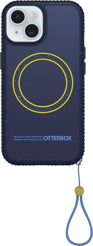 Modrý kryt na telefon OtterBox s velkým žlutým kroužkovým vzorem a modrým páskem na zápěstí připevněným v dolní části.