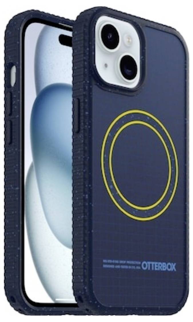 Dva námořnické pouzdra na telefon OtterBox zobrazena zepředu i zezadu, jedno se žlutým kruhovým designem MagSafe kroužku.