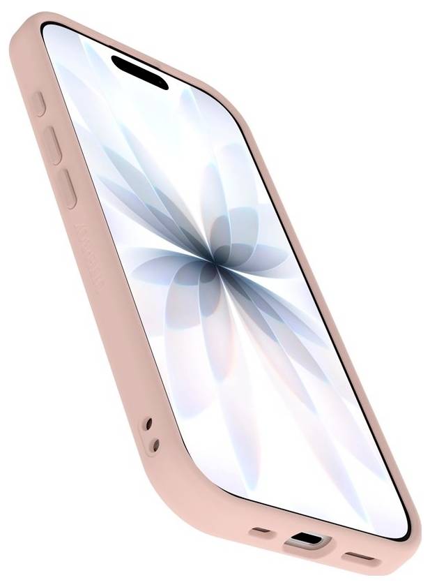 Růžový chytrý telefon s květinovou abstraktní tapetou, zobrazený v úhlu na bílém pozadí.