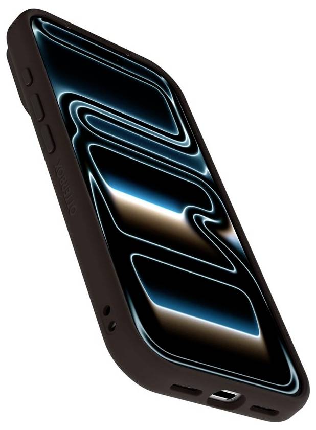 Černý smartphone zobrazený v úhlu s jasným modrým abstraktním vlnitým vzorem zobrazeným na obrazovce.