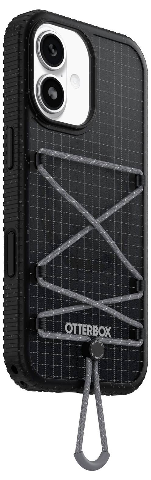 Černý kryt na telefon OtterBox se vzorem mřížky a odolným držákem pásku na zadní straně, zobrazen na iPhonu.