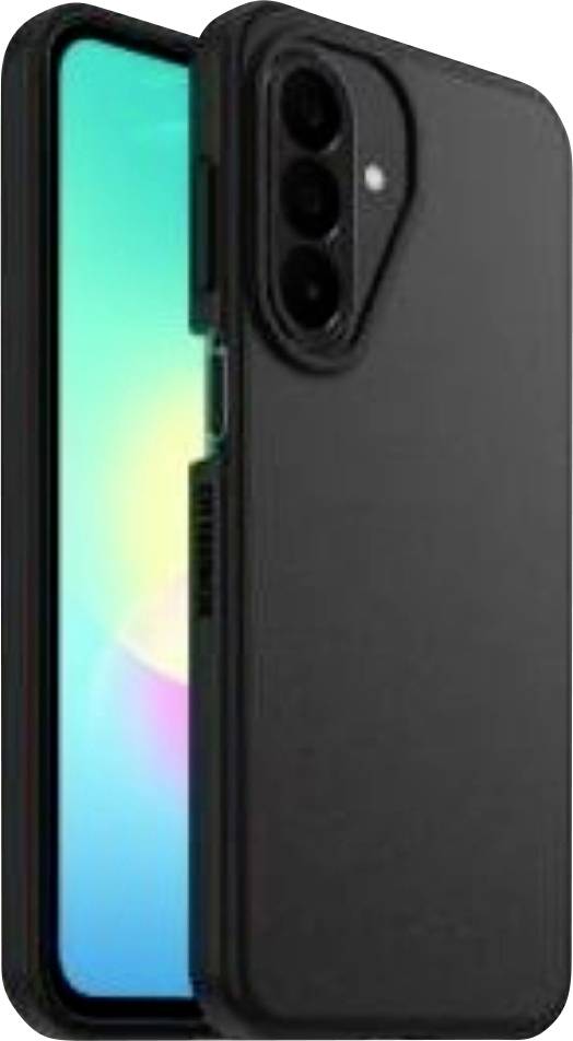 Černý smartphone v ochranném pouzdru, zobrazený zezadu s trojitým oříznutím kamery a částečně viditelnou barevnou obrazovkou.