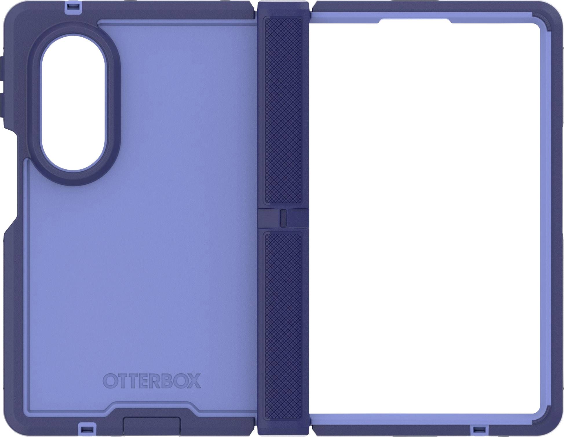 Otevřený modrý pouzdro na telefon ve stylu OtterBox se svislým výřezem pro fotoaparát a sklopným krytem, zobrazeno prázdné na bílém pozadí