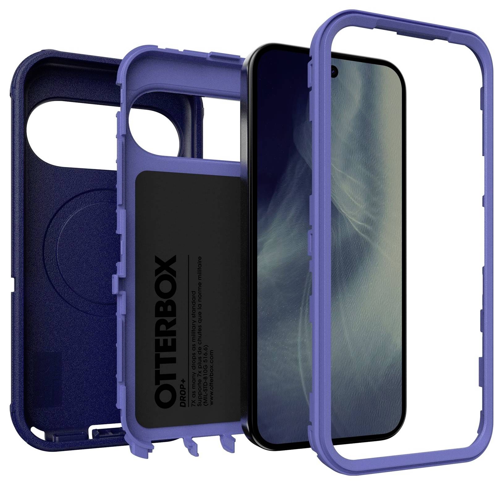 Rozložený pohled na fialový kryt telefonu OtterBox ukazující vnější skořápku, vnitřní podšívku a přední rámeček kolem chytrého telefonu.
