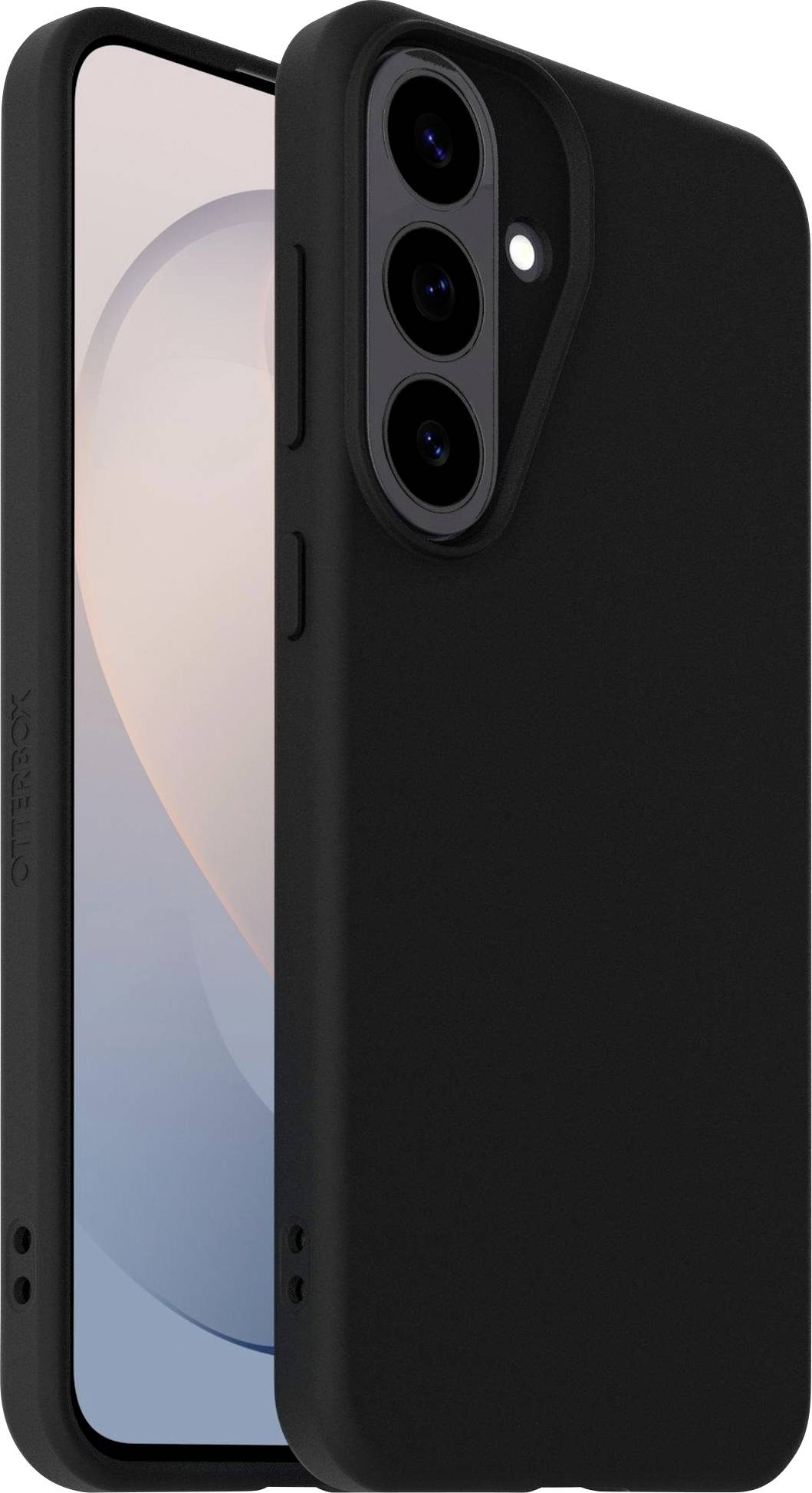 Černý smartphone zobrazený zepředu a zezadu se třemi zadními fotoaparáty a štíhlým designem podobným obalu.