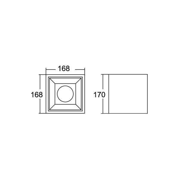 Technický výkres čtvercového zapuštěného panelu, 168 x 168 pohled zepředu a 170 výška pohled ze strany, se soustředěným kruhovým detailem.