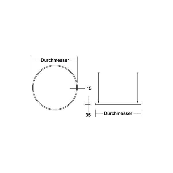 Technický výkres znázorňující kruhovou část s popisem "Průměr" pro průměr a rozměry 15 a 35, plus boční pohled ukazující tloušťku.