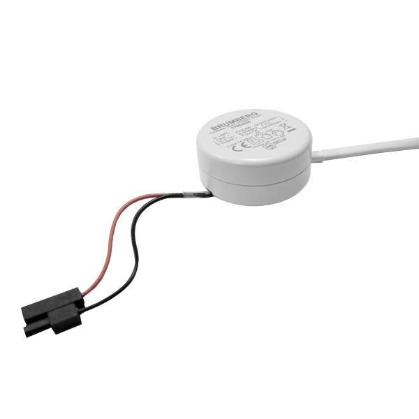 Malý kulatý bílý elektronický modul s připojeným kabelem a dvoupólovým konektorem na jednoduchém pozadí.