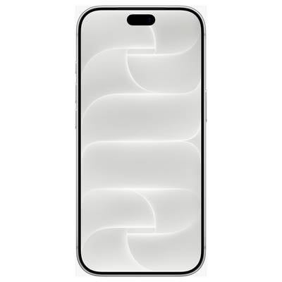 Přední pohled na stříbrný smartphone s černým oválným výřezem pro kameru a abstraktním šedým vlnitým vzorem na obrazovce.