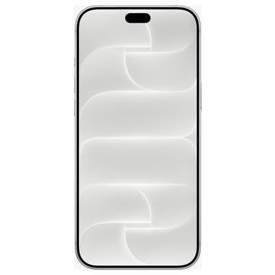 Přední pohled na stříbrný iPhone s černým oblým výřezem fotoaparátu ve tvaru léčiva a lehce šedivou abstraktní vlnité tapetou na obrazovce.