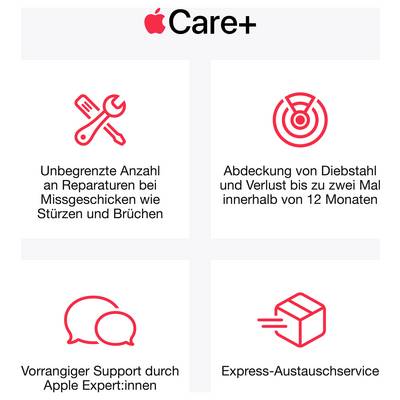AppleCare+ se čtyřmi výhodami: neomezené opravy v případě nehod, ochrana před krádežou a ztrátou, prioritní podpora a expresní výměnná služba.