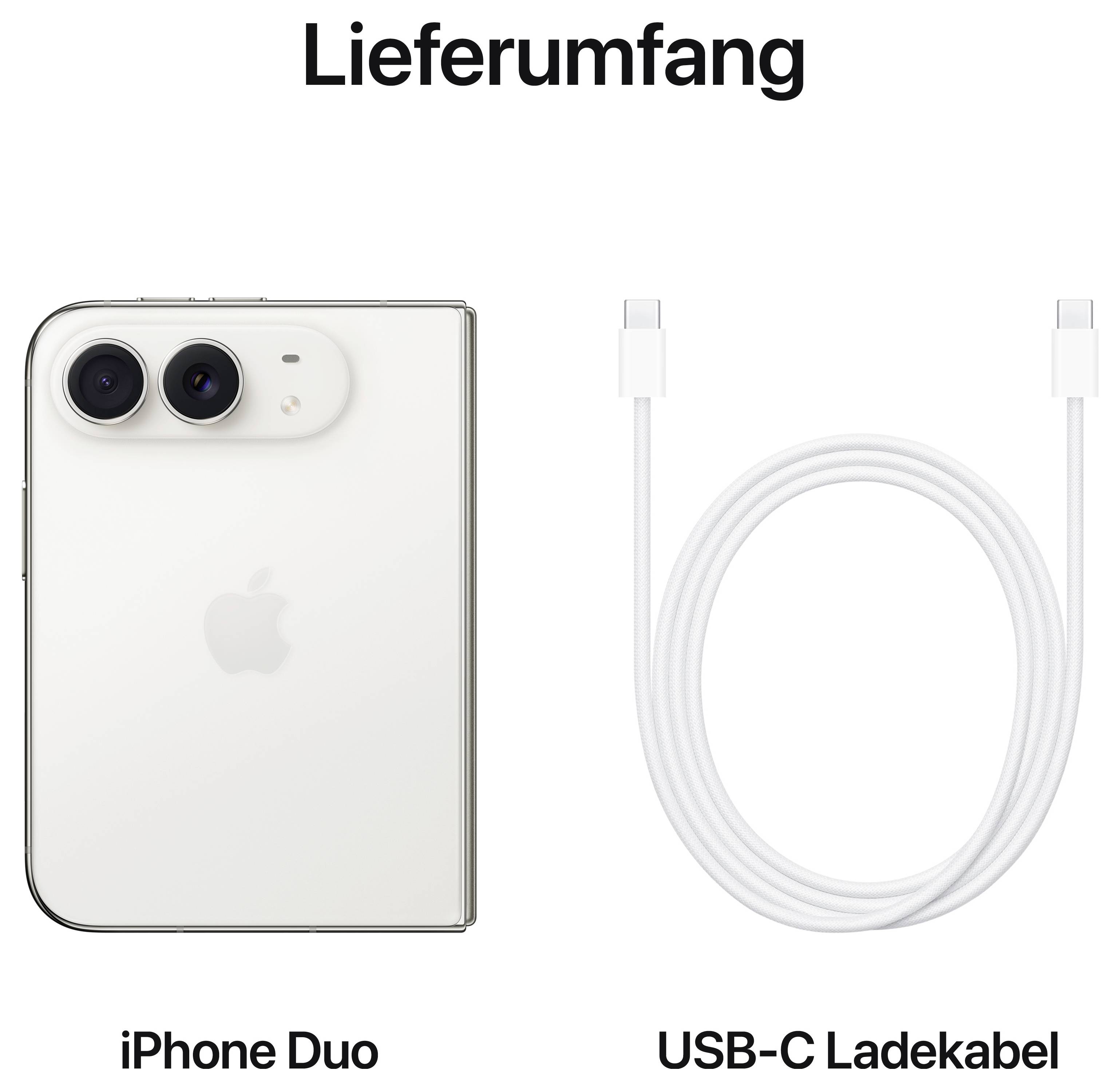 Rozsah dodávky: iPhone Duo a nabíjecí kabel USB-C na bílém pozadí.