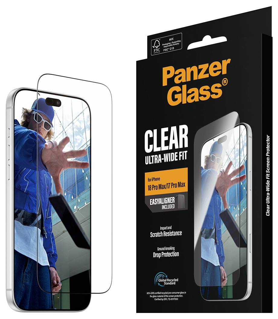 Propagační obrázek ochranného skla PanzerGlass čirého ultra-širokého formátu pro iPhone 13 Pro Max/14 Pro Max, zobrazený na telefonu a maloobchodním balení, zdůrazňující odolnost vůči poškrábání a ochranu při pádu.