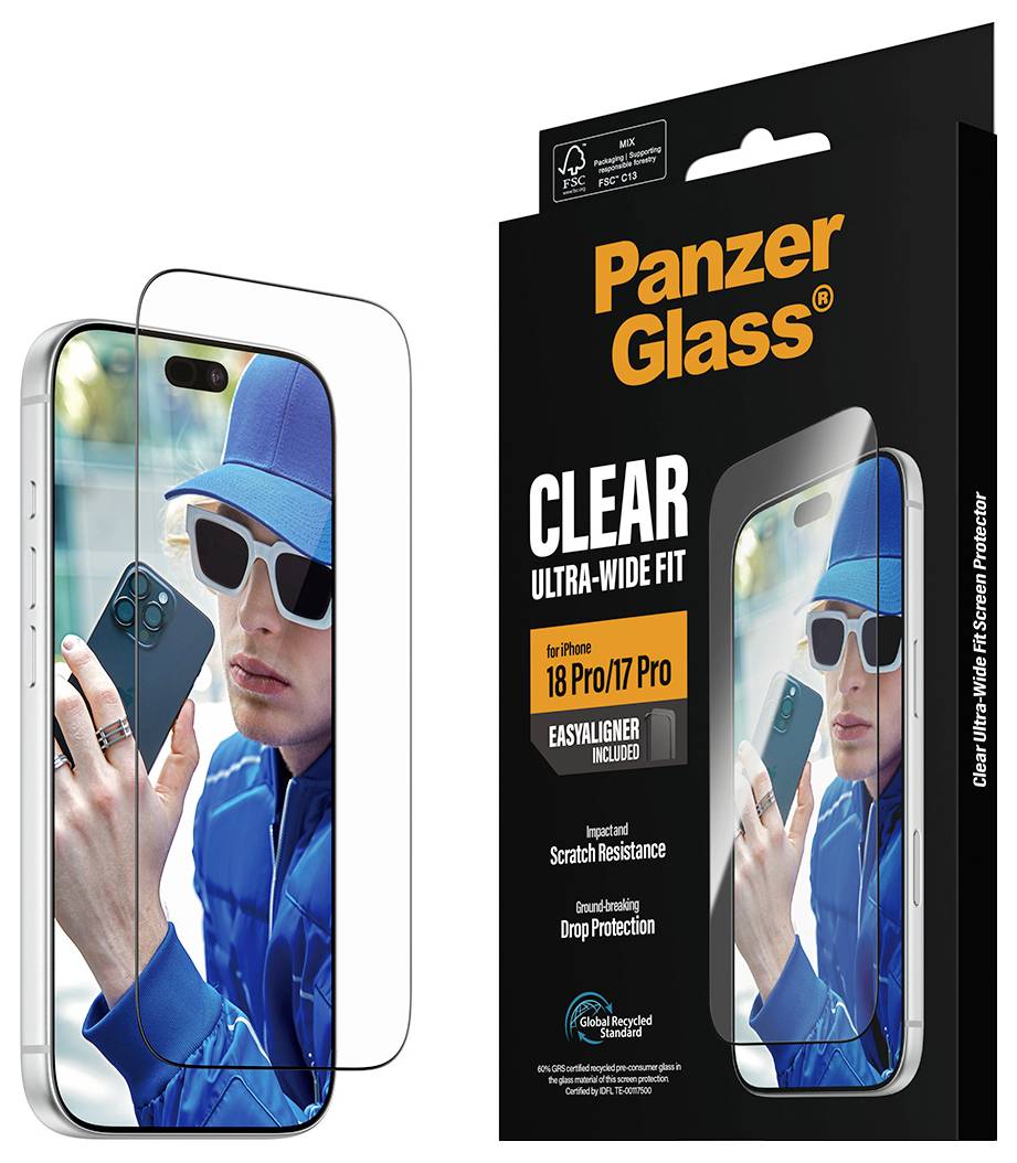 Obal ochranného skla PanzerGlass Clear Ultra-Wide Fit zobrazující nainstalovanou ochranu obrazovky iPhonu, která zdůrazňuje ochranu před poškrábáním a pádem pro 18 Pro/17 Pro.
