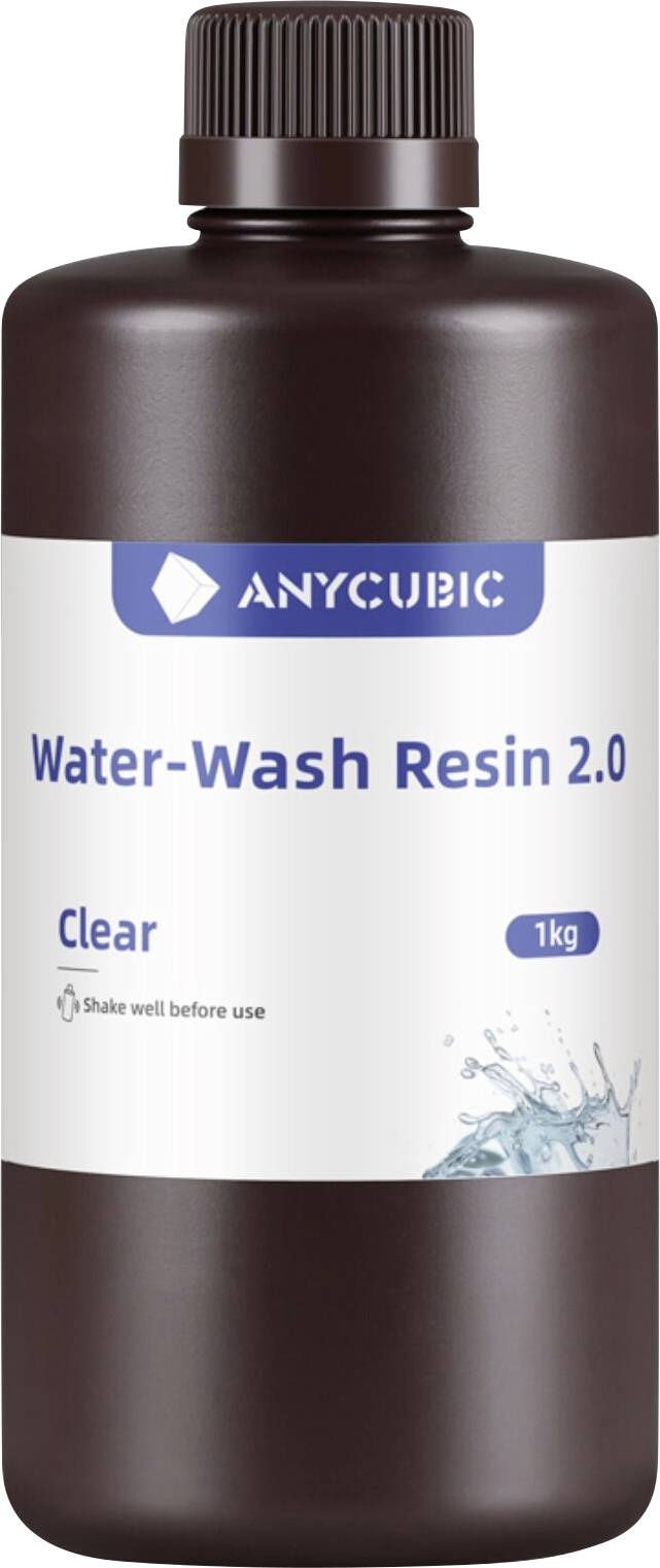 Láhev Anycubic Water-Wash Resin 2.0, průhledná, 1 kg, s bílým štítkem a modrým logem.