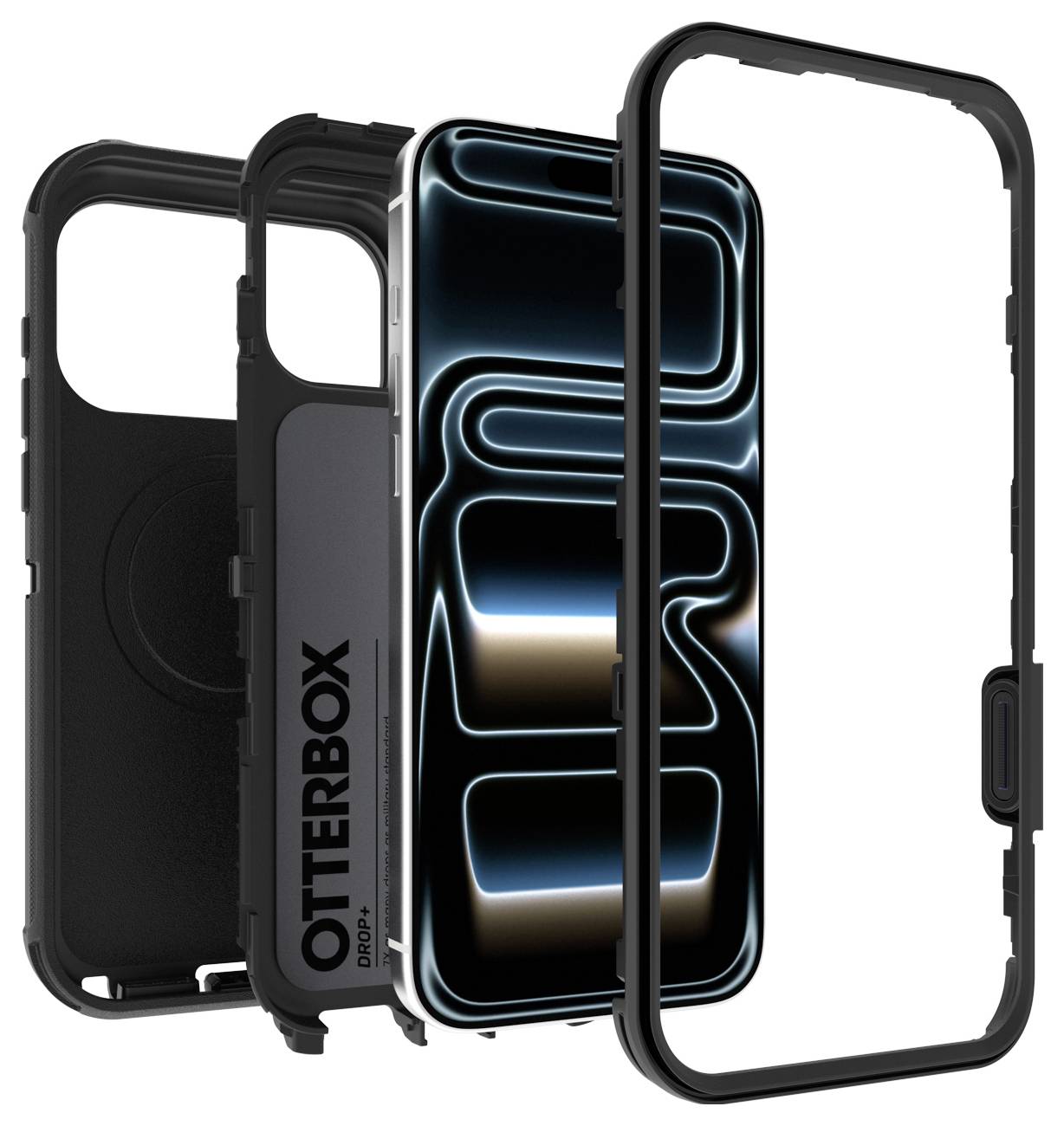 Rozložený pohled na černý kryt telefonu OtterBox zobrazující vrstvené ochranné díly kolem chytrého telefonu, včetně vnitřního obalu a vnějšího rámu.