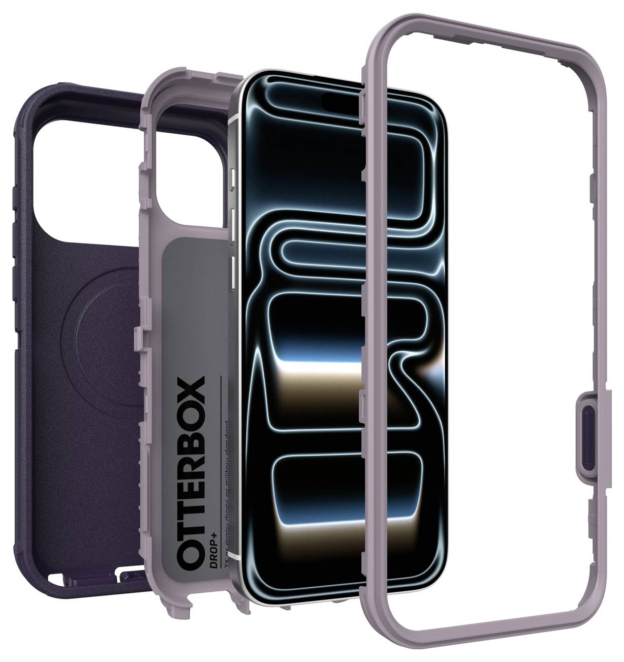 Rozložený pohled na pouzdro OtterBox pro chytrý telefon zobrazující zadní skořápku, vnitřní vrstvu, telefon a vnější nárazník v purpurové a šedé barvě.