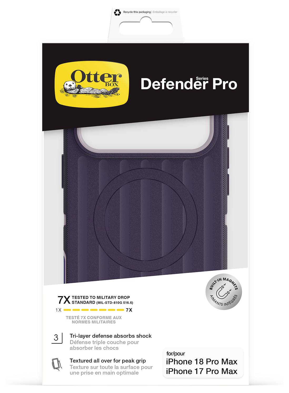 Pouzdro na mobilní telefon OtterBox Defender Series Pro pro iPhone 18 Pro Max a iPhone 17 Pro Max, zobrazující fialové ochranné pouzdro a tvrzení o vojenských zkouškách pádu.