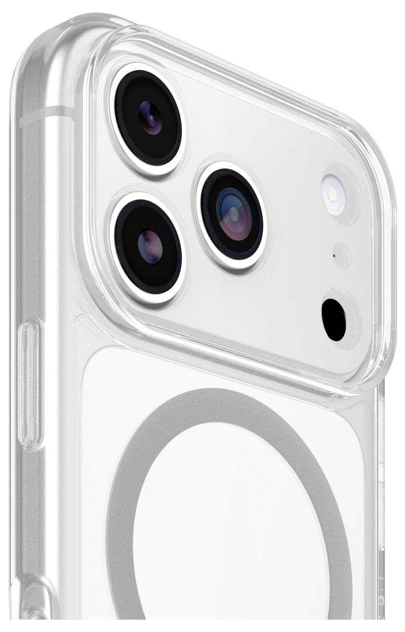 Detailní záběr na průhledný kryt iPhonu zobrazující zadní shluk fotoaparátů a MagSafe kroužek na bílém telefonu.
