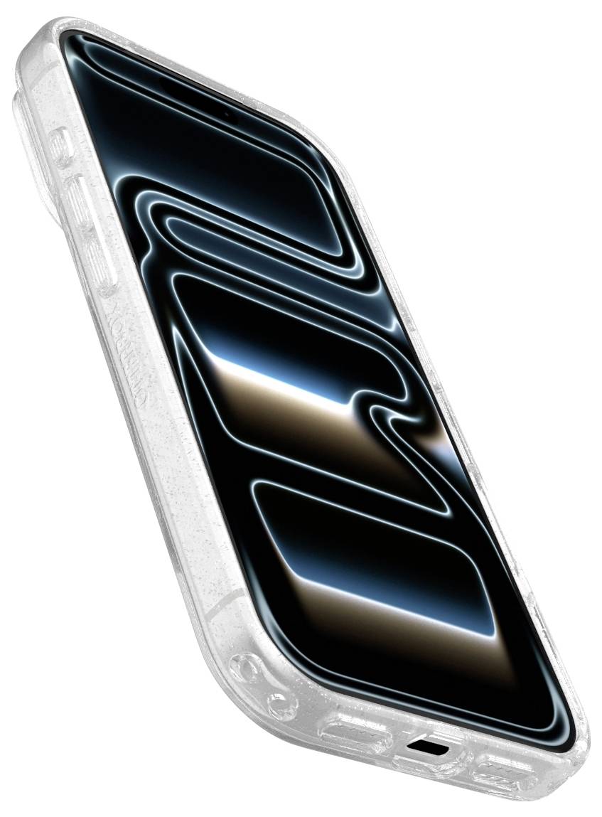 Smartphone v úhlu s čirým ochranným pouzdrem, na displeji je zobrazena modrá abstraktní zářící vlnová tapeta.
