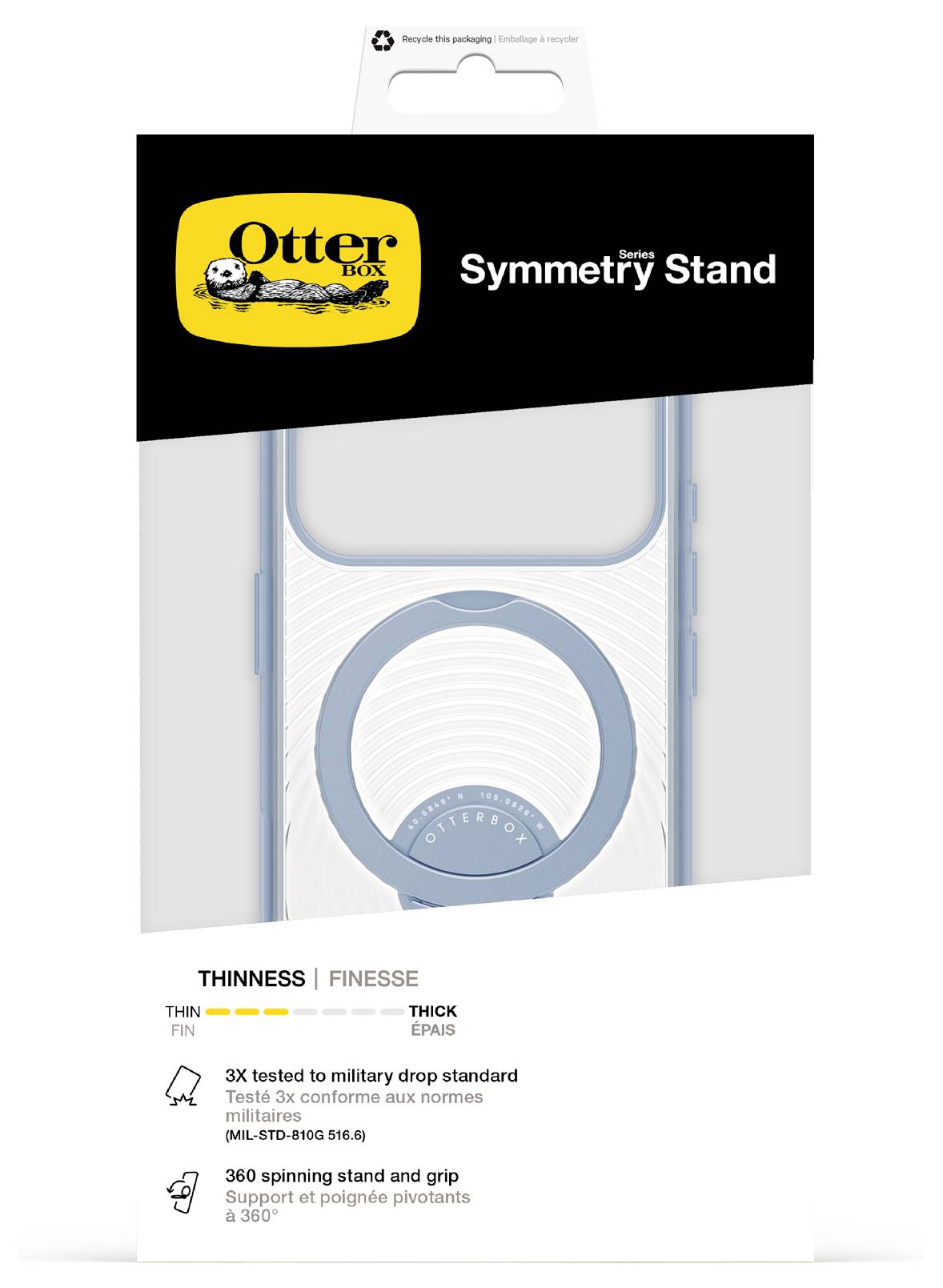 Obal OtterBox Symmetry Stand, na kterém je vidět průhledný kryt s vestavěným stojánkem a text zdůrazňující tenký profil, ochranu před pádem, rotační stojan a úchop.