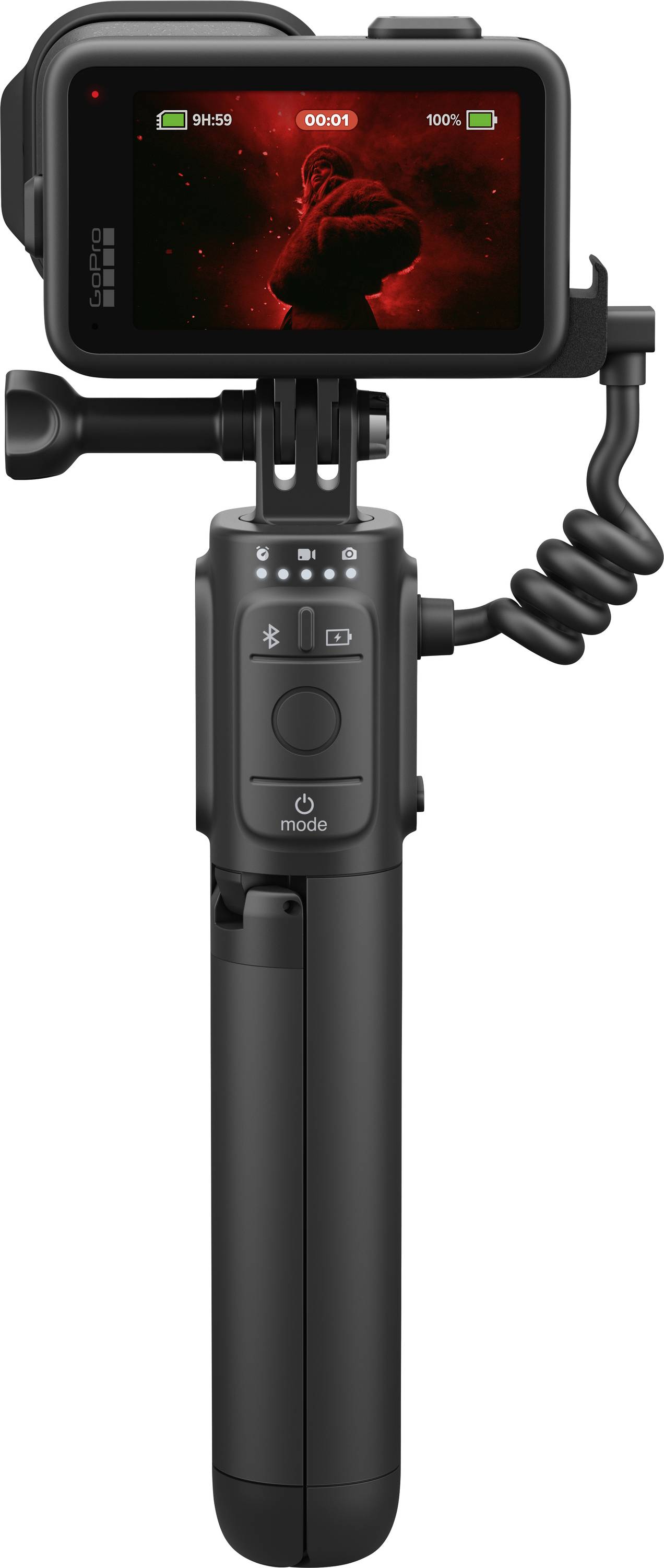 Ruční smartphone gimbal s připojeným telefonem zobrazujícím červenou videoscénu, zobrazen s tlačítky pro ovládání na zařízení a stočeným kabelem.