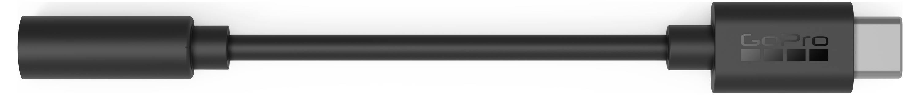 Černý USB kabel s feritovým jádrem na jednom konci a konektorem USB-C na druhém konci, zobrazený na bílém pozadí.