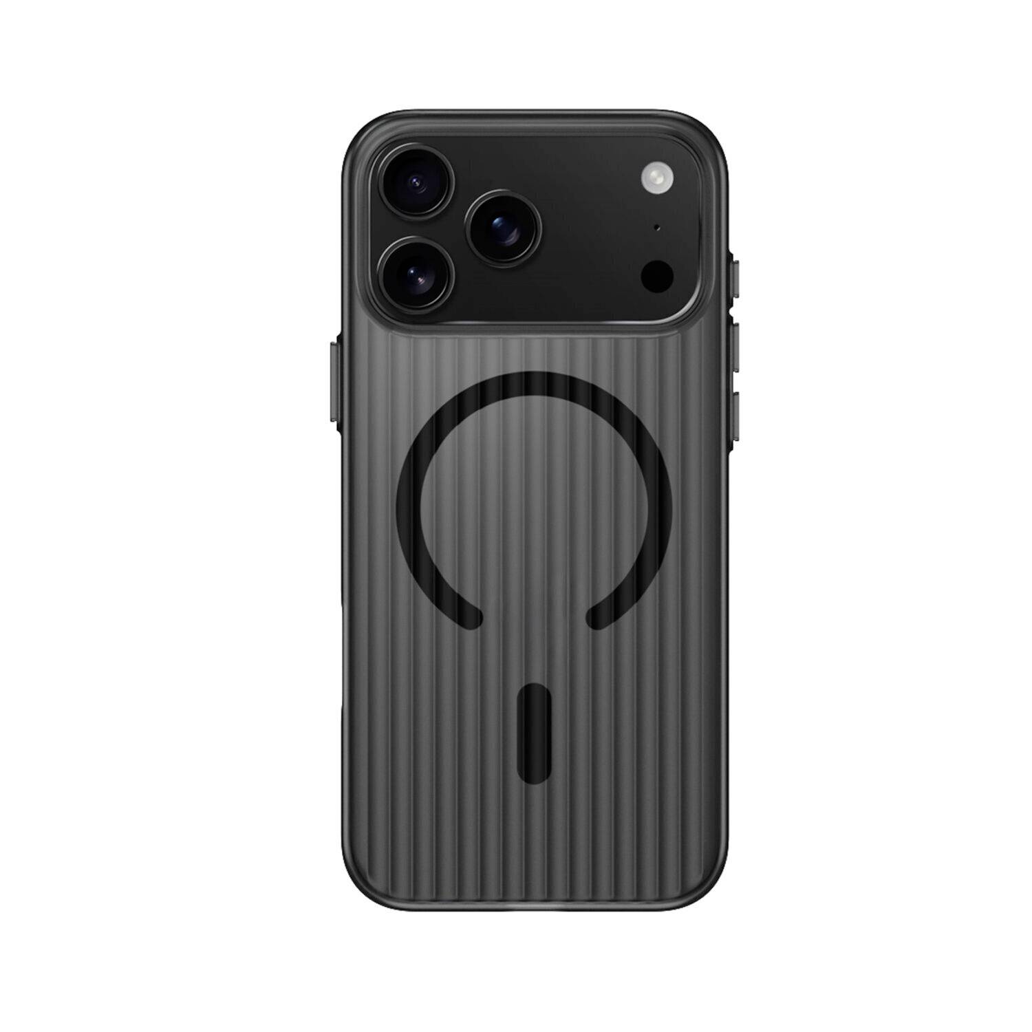 Černý kryt smartphonu zobrazený zezadu, s velkým symbolem nabíjení a výřezy pro fotoaparát v horní části.