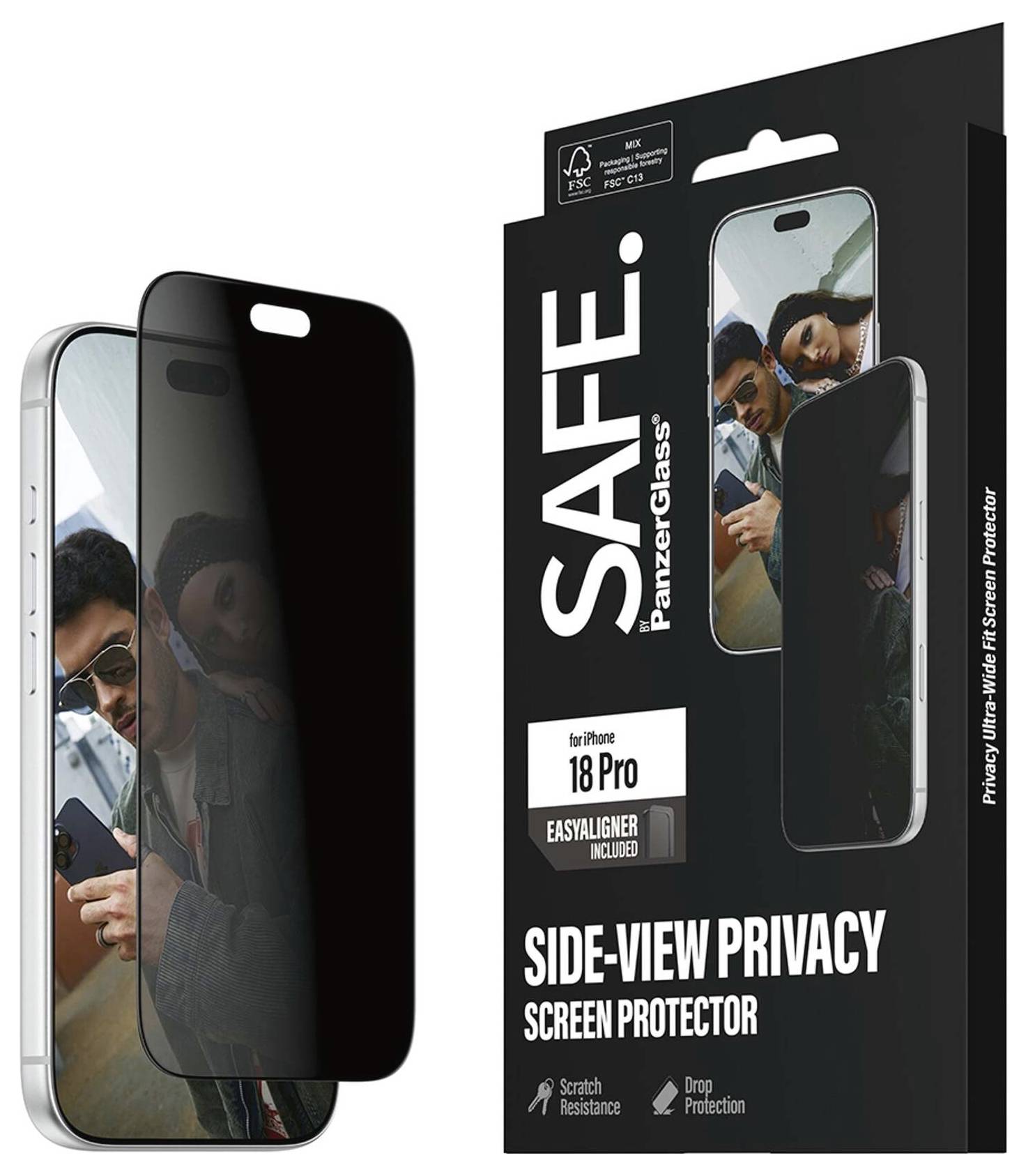 Balení a prezentace telefonu zobrazující černou ochranu soukromí na displeji, která zatemňuje boční pohledy pro iPhone 18 Pro, označená jako „SAFE. Panzerglass" a „Ochrana displeje pro ochranu soukromí v bočních pohledech".