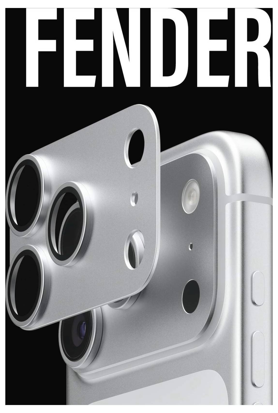 Detailní záběr na smartphone s kovovou kamerou s více čočkami; v horní části se objevuje slovo „FENDER".