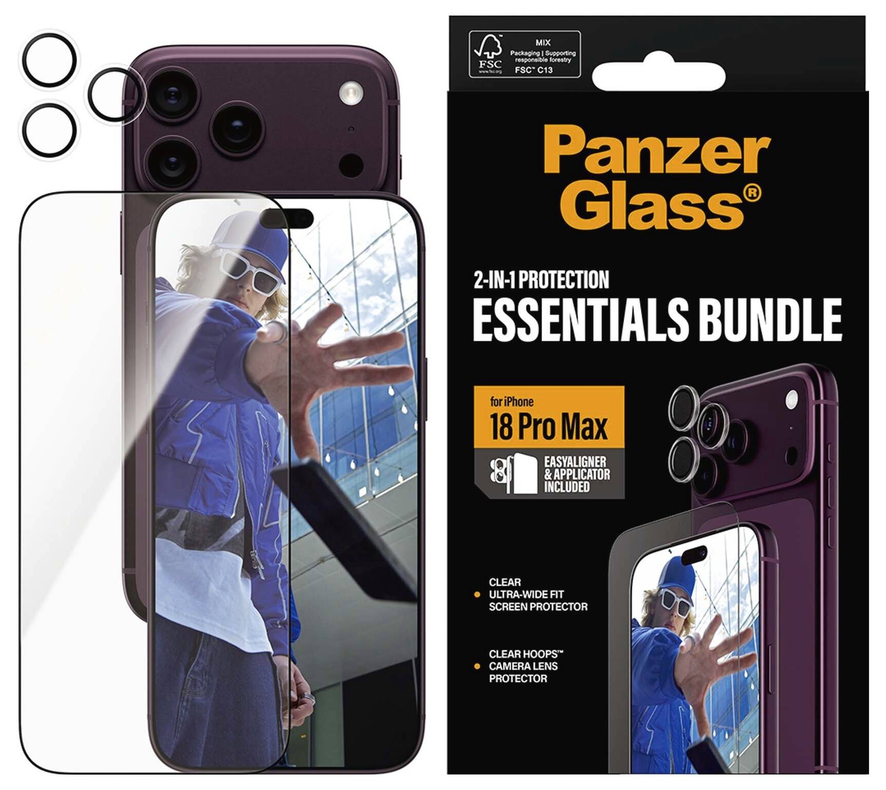 Sada PanzerGlass Essentials Bundle pro iPhone 18 Pro Max, zobrazující ochranný kryt displeje, ochranné prvky objektivu fotoaparátu a zahrnutý aplikátor s usnadněným zarovnáním.