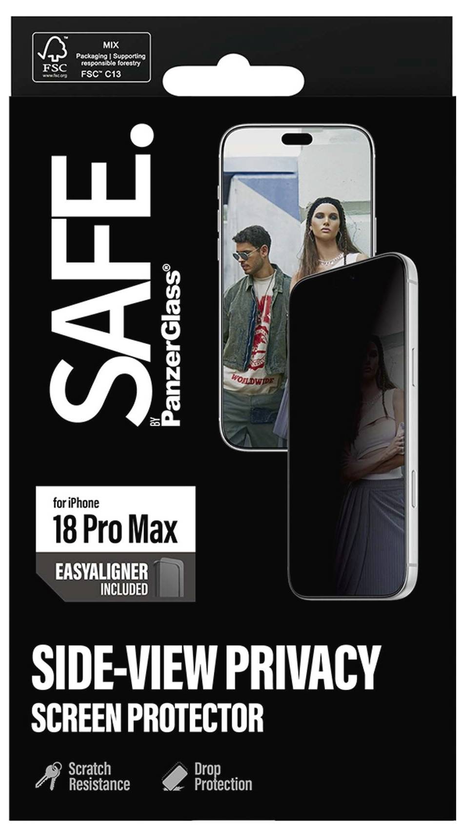 Balení pro PanzerGlass SAFE. ochranný screen protector na boční straně s ochranou soukromí pro iPhone 18 Pro Max, s včleněným EasyAligner.