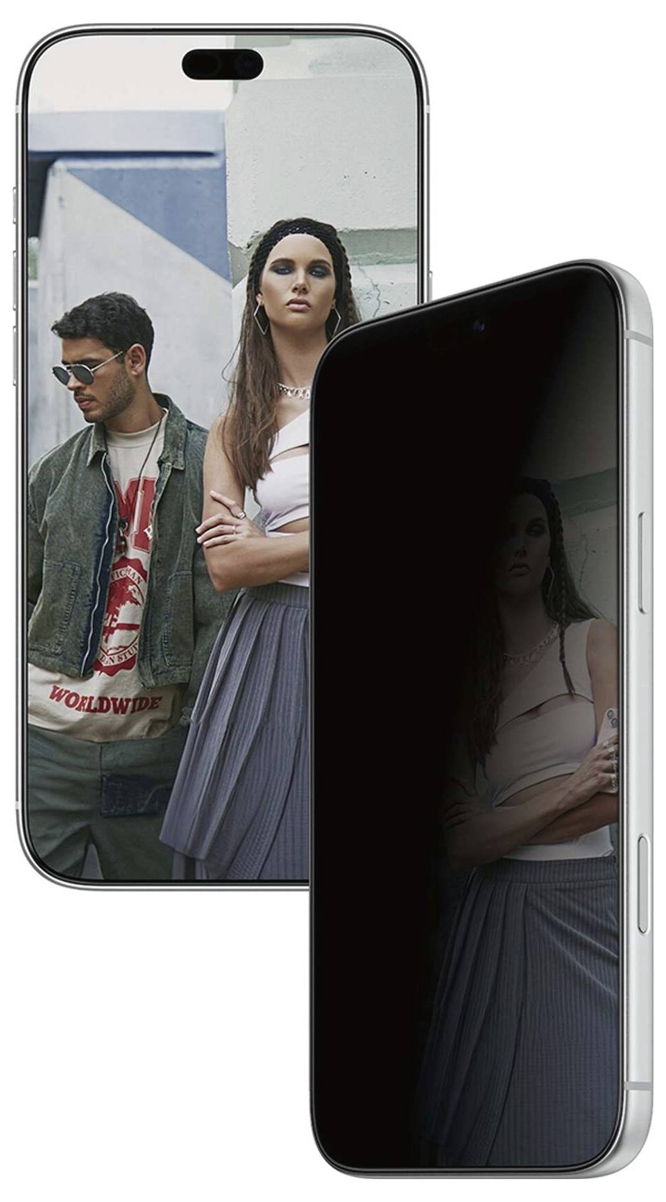 Dva chytré telefony zobrazené zepředu a ze strany, které zobrazují módní fotografii muže a ženy stojících vedle sebe.