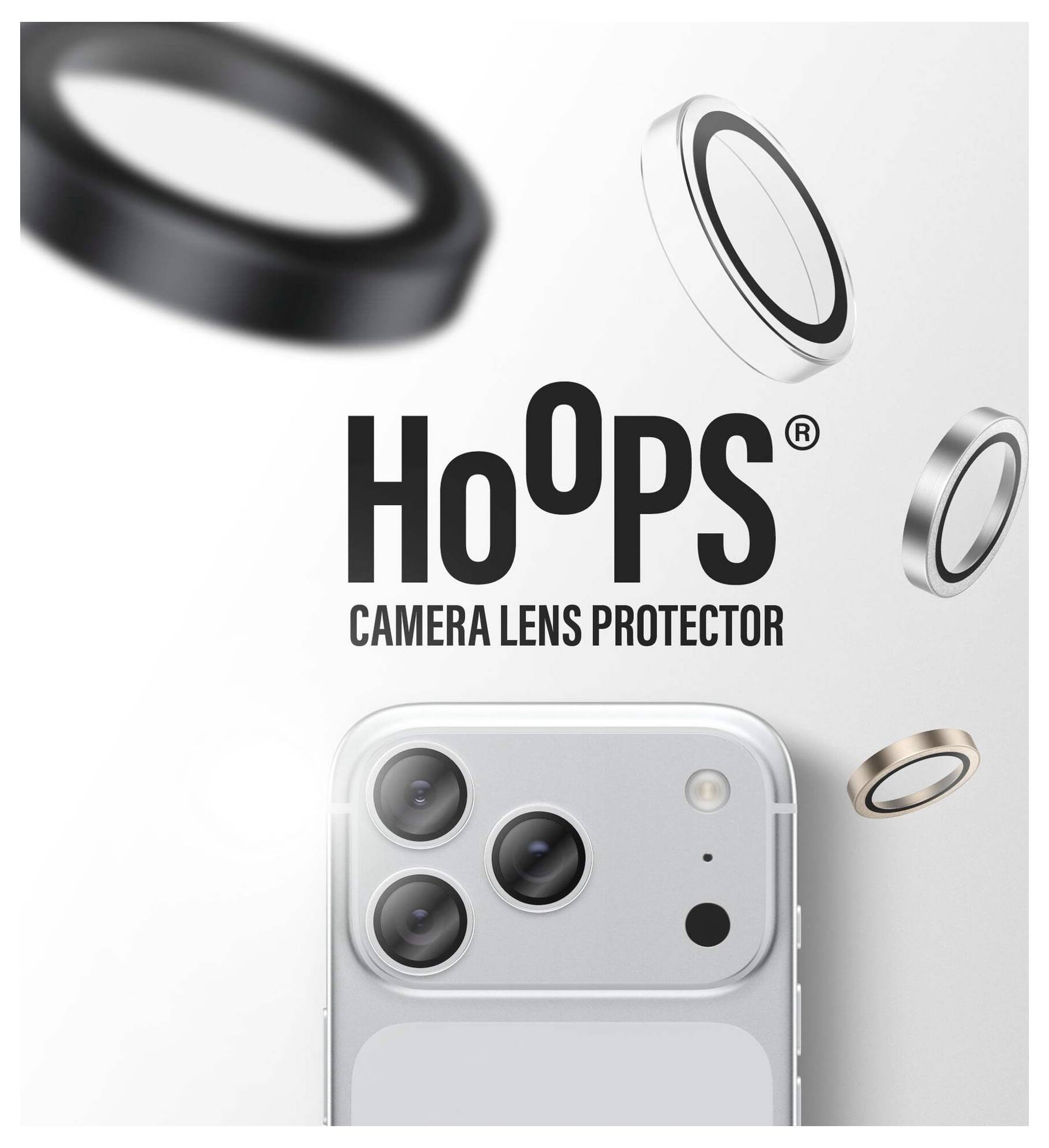 Propagační grafika na ochranu objektivu fotoaparátu 'Hoops', zobrazující chytrý telefon s více kroužky objektivů a textem 'OCHRANA OBJEKTIVU FOTOAPARÁTU'.