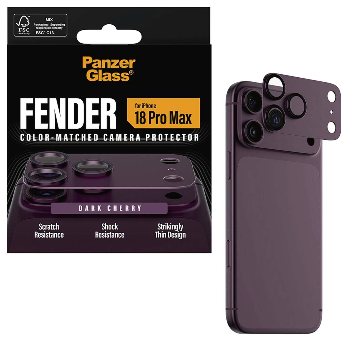 Obal produktu PanzerGlass Fender barevně sladěný ochranný kryt fotoaparátu pro iPhone 18 Pro Max, tmavá třešeň, zobrazující odolnost vůči poškrábání, odolnost vůči nárazu a tenký design vedle makety iPhonu.