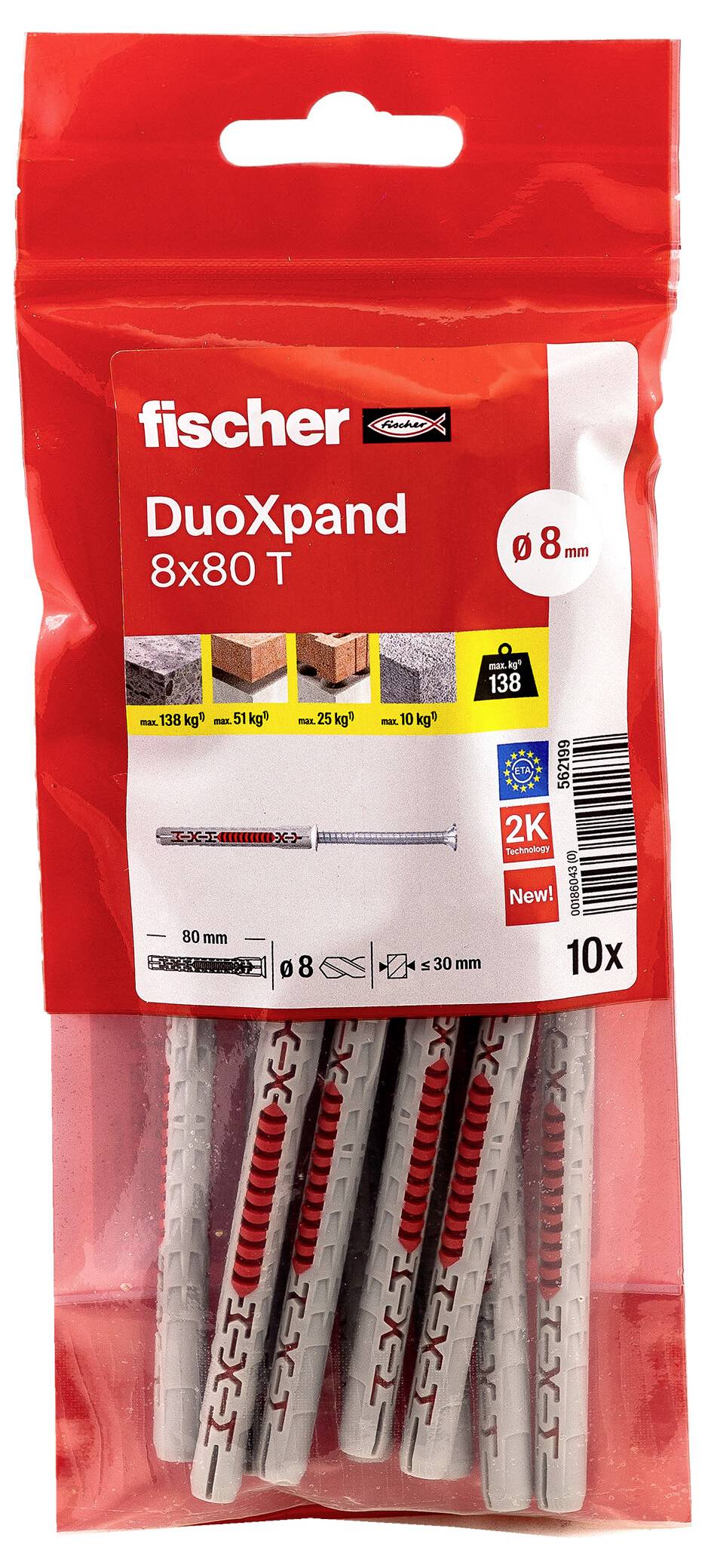 Balení rozáborovacích hmoždinek Fischer DuoXpand 8x80 T, červená taška s 10 kusy a viditelné podrobnosti o velikosti.