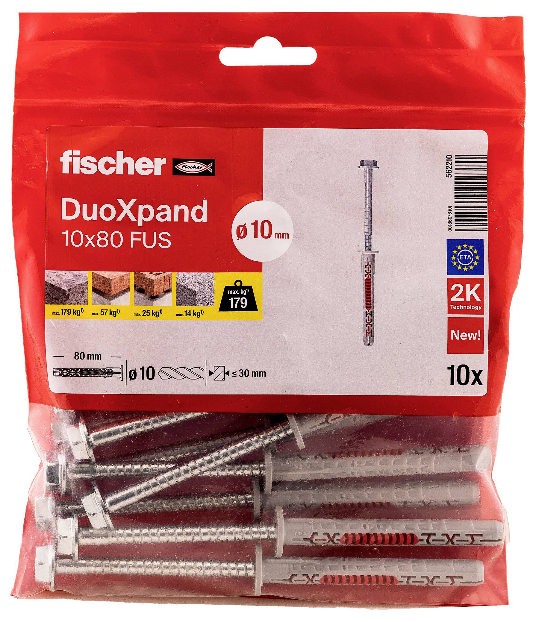 Balení Fischer DuoXpand 10x80 FUS nástěnných hmoždinek, 10 kusů, zobrazující červeno-bílý označený sáček s kovovými hmoždinkami uvnitř.