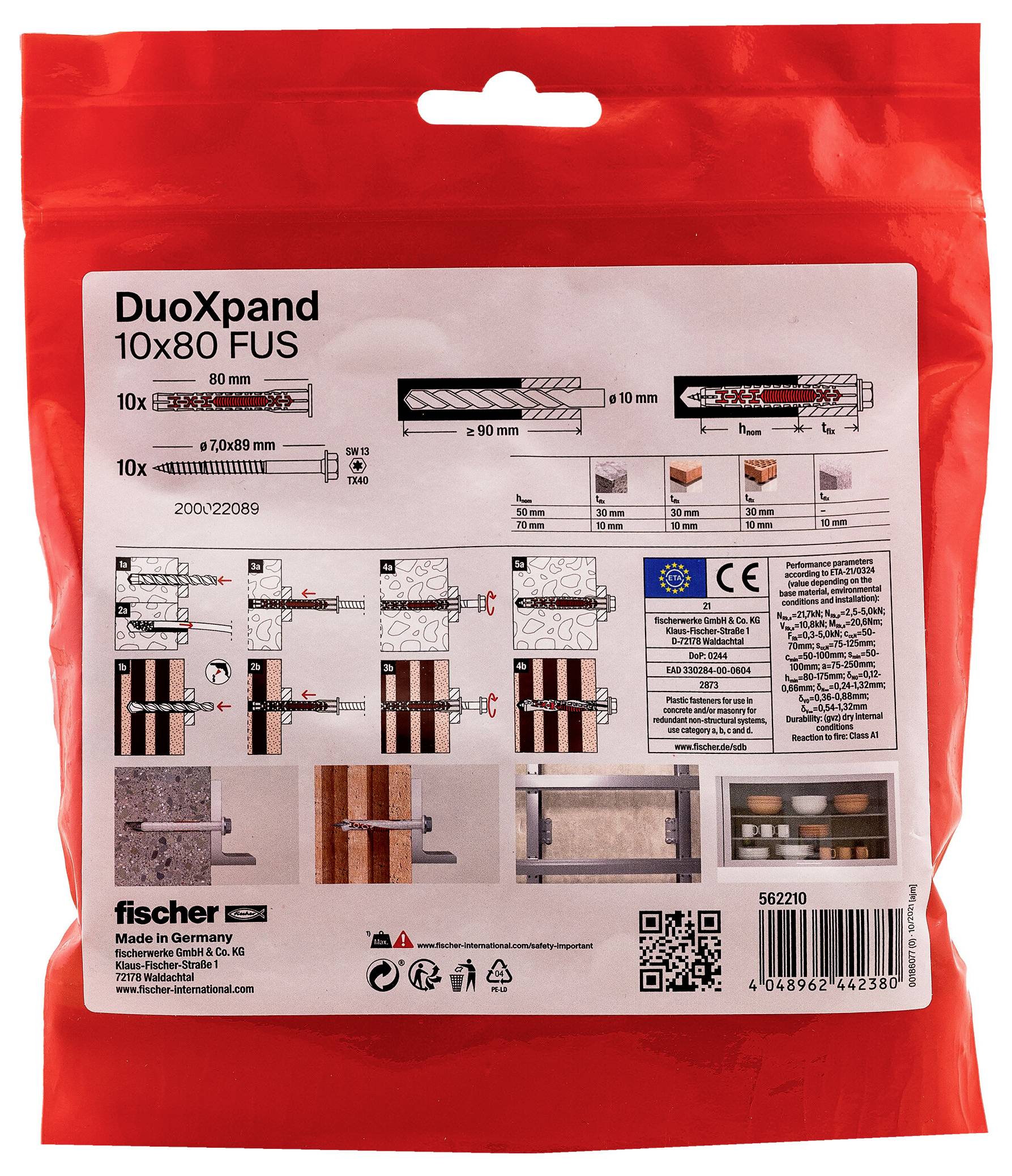 Červené balení kotev fischer DuoXpand 10x80 FUS pro montáž do stěny s ilustrovanými kroky instalace, specifikacemi a čárovým kódem na přední straně.