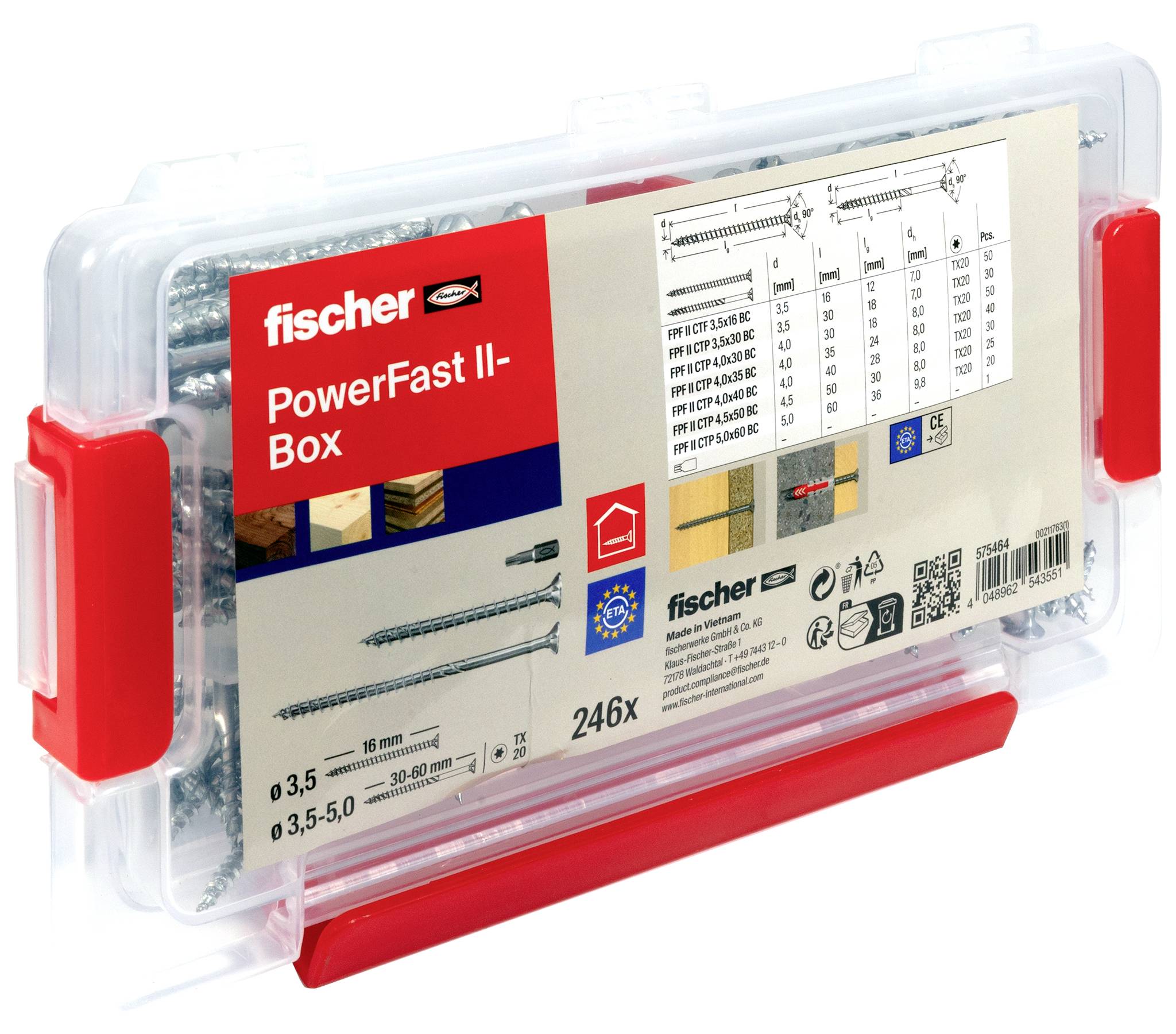 Fischer PowerFast II-Box plastový úložný kufřík s různorodými vruty a hmoždinkami, zobrazen v čirém červeno-bílém balení.