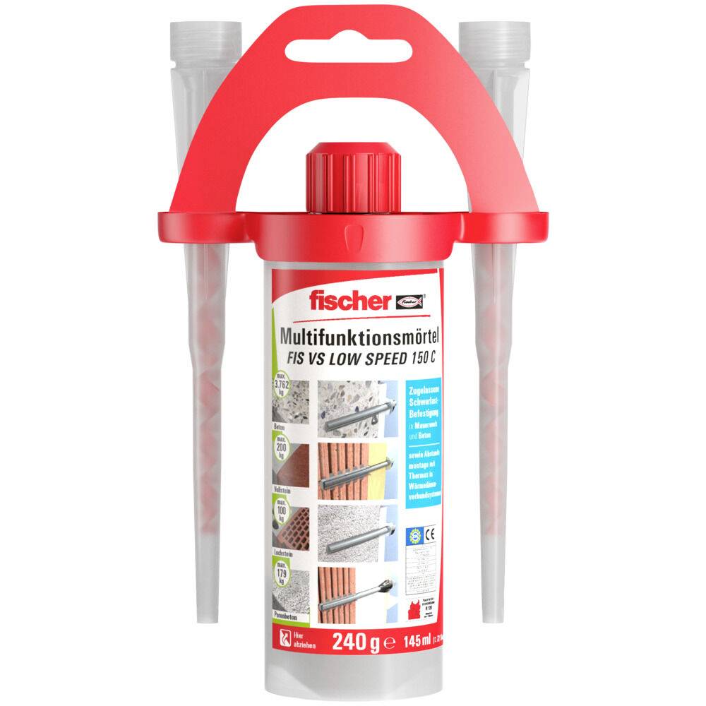 Cartridge s vícefunkčním tmelem Red Fischer s mícháním trysky a dvěma šedými aplikační trubicemi, označená „FIS VS LOW SPEED 150 C", 240 g.